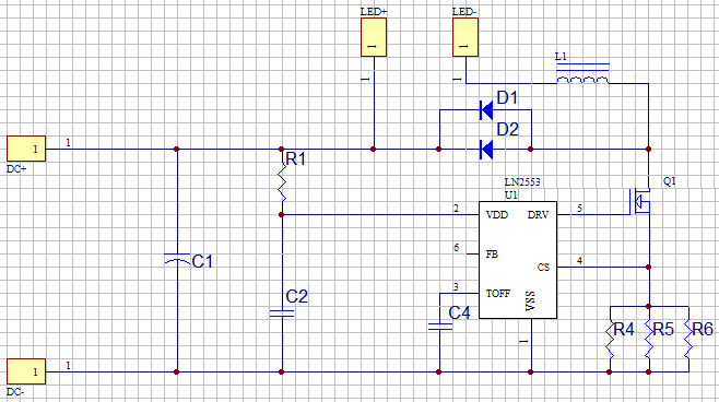 LN2553 LED車燈(12V-80V)典型應用線路圖:
